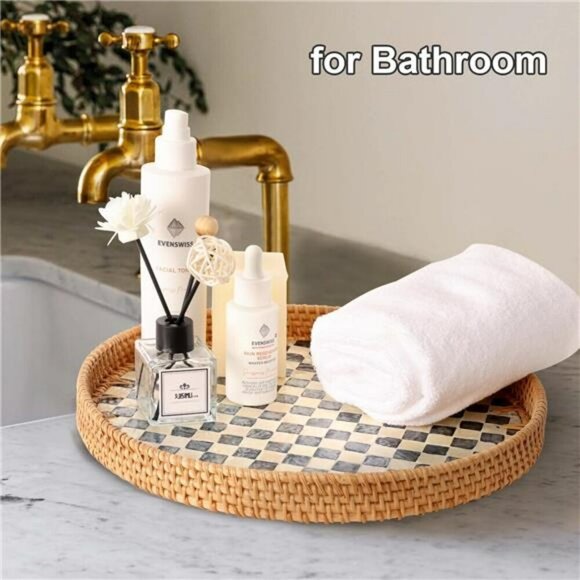 Round Rattan Tray Black Mother of Pearl Inlay Coffee Table Kitchen Decor - Picture 6 of 7